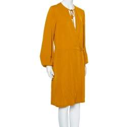 Pre Owned Diane Von Furstenberg Mustard Yellow Silk Mini Wrap Nove Dress M