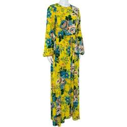 Pre Owned Diane von Furstenberg Yellow Floral Printed Silk Waist Tie Detail Maxi Dress S