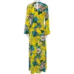 Pre Owned Diane von Furstenberg Yellow Floral Printed Silk Waist Tie Detail Maxi Dress S