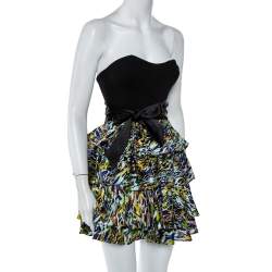 Pre Owned Diane Von Furstenberg Multicolor Satin & Knit Waist Tie Detail Strapless Mini Dress XS