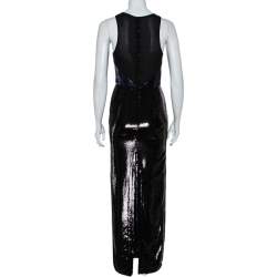 Pre Owned Diane Von Furstenberg Navy Blue & Black Sequined Silk Sheer Back Detail Gown XS