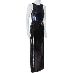 Pre Owned Diane Von Furstenberg Navy Blue & Black Sequined Silk Sheer Back Detail Gown XS