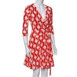 Pre Owned Diane von Furstenberg Orange Palm Printed Silk Mini Wrap Dress M