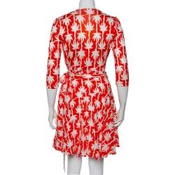 Pre Owned Diane von Furstenberg Orange Palm Printed Silk Mini Wrap Dress M