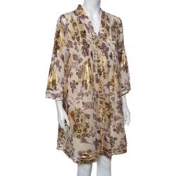 Pre Owned Diane von Furstenberg Cream Floral Printed Fil Coupe' Pintuck Detail Layla Dress L