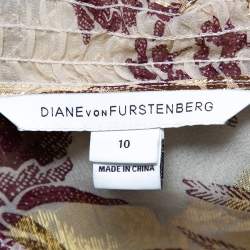 Pre Owned Diane von Furstenberg Cream Floral Printed Fil Coupe' Pintuck Detail Layla Dress L