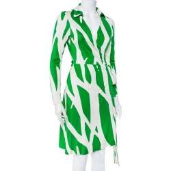 Pre Owned Diane Von Furstenberg Beige & Green Printed Silk Knit Collared Mini Wrap Dress L