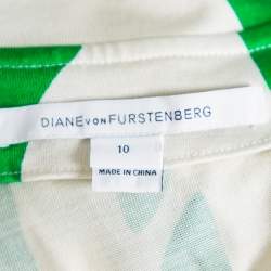 Pre Owned Diane Von Furstenberg Beige & Green Printed Silk Knit Collared Mini Wrap Dress L