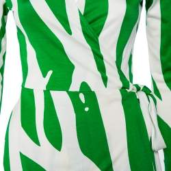 Pre Owned Diane Von Furstenberg Beige & Green Printed Silk Knit Collared Mini Wrap Dress L
