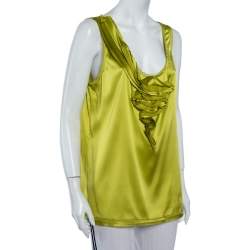 Pre Owned Diane Von Furstenberg Green Silk Satin Draped Detail Imara Top XL