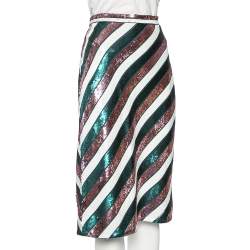 Pre Owned Diane Von Furstenberg Multicolor Striped Sequin Embellished Silk Skirt M