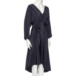 Pre Owned Diane Von Furstenberg Midnight Blue Silk Asymmetric Hem Faux Wrap Eloise Dress L