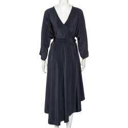 Pre Owned Diane Von Furstenberg Midnight Blue Silk Asymmetric Hem Faux Wrap Eloise Dress L