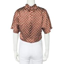 Pre Owned Diane Von Furstenberg Brown Polka Dot Silk Neck Tie Detail Short Top S