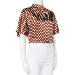 Pre Owned Diane Von Furstenberg Brown Polka Dot Silk Neck Tie Detail Short Top S