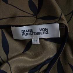 Pre Owned Diane Von Furstenberg Green Leaf Printed Silk Maxi Wrap Dress L