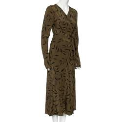Pre Owned Diane Von Furstenberg Green Leaf Printed Silk Maxi Wrap Dress L
