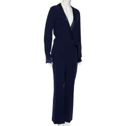 Diane Von Furstenberg Navy Blue Crepe Wrap Detail Margot Jumpsuit L