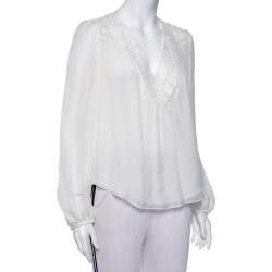Pre Owned Diane Von Furstenberg White Silk Embroidered Neck Detail Maslyn Top M