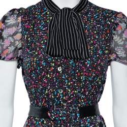 Pre Owned Diane Von Furstenberg Black Multiprinted Silk Neck Tie Detail Belted Gypsy Dress M