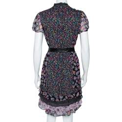 Pre Owned Diane Von Furstenberg Black Multiprinted Silk Neck Tie Detail Belted Gypsy Dress M