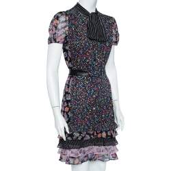 Pre Owned Diane Von Furstenberg Black Multiprinted Silk Neck Tie Detail Belted Gypsy Dress M