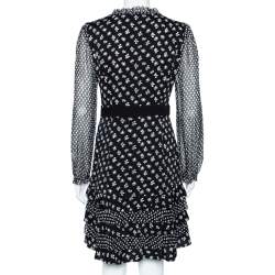 Pre Owned Diane Von Furstenberg Monochrome Floral Printed Silk Ruffle Detail Fionna Dress M