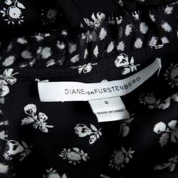 Pre Owned Diane Von Furstenberg Monochrome Floral Printed Silk Ruffle Detail Fionna Dress M