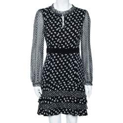 Pre Owned Diane Von Furstenberg Monochrome Floral Printed Silk Ruffle Detail Fionna Dress M