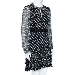 Pre Owned Diane Von Furstenberg Monochrome Floral Printed Silk Ruffle Detail Fionna Dress M