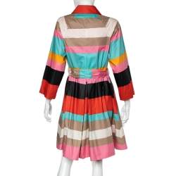 Pre Owned Diane von Furstenberg Multicolor Striped Coated Cotton Belted Flared Lab Coat S