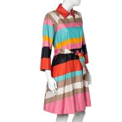 Pre Owned Diane von Furstenberg Multicolor Striped Coated Cotton Belted Flared Lab Coat S