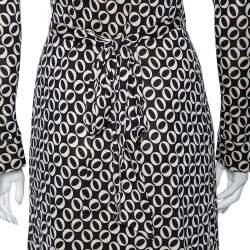 Pre Owned Diane Von Furstenberg Monochrome Printed Silk Knit Midi Wrap Dress S