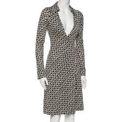 Pre Owned Diane Von Furstenberg Monochrome Printed Silk Knit Midi Wrap Dress S