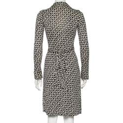 Pre Owned Diane Von Furstenberg Monochrome Printed Silk Knit Midi Wrap Dress S