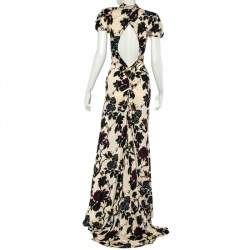 Pre Owned Diane Von Furstenberg Cream Floral Printed Jersey Embellished Open Back Dixie Gown M