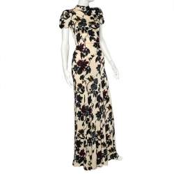 Pre Owned Diane Von Furstenberg Cream Floral Printed Jersey Embellished Open Back Dixie Gown M