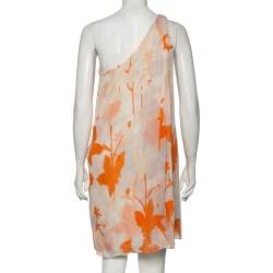 Pre Owned Diane Von Furstenberg Orange Printed Silk Liluye One Shoulder Short Dress M