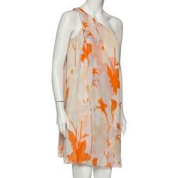 Pre Owned Diane Von Furstenberg Orange Printed Silk Liluye One Shoulder Short Dress M
