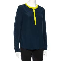Pre Owned Diane Von Furstenberg Navy Blue Silk Maisy Contrast Collar Trim Detail Shirt L