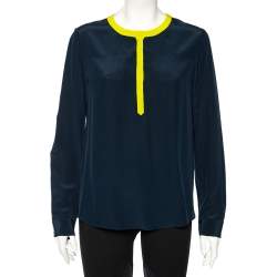 Pre Owned Diane Von Furstenberg Navy Blue Silk Maisy Contrast Collar Trim Detail Shirt L