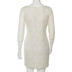 Pre Owned Diane Von Furstenberg Pale Grey & Cream Floral Embroidered Silk Sarita Dress M