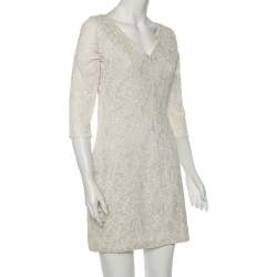 Pre Owned Diane Von Furstenberg Pale Grey & Cream Floral Embroidered Silk Sarita Dress M
