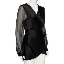 Pre Owned Diane von Furstenberg Black Satin Klee Sheer Sleeve Wrap Blouse M