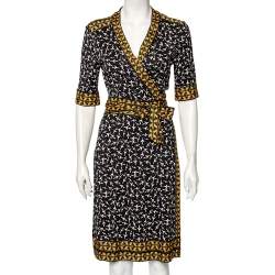 Pre Owned Diane Von Furstenberg Black Printed Silk Lucinda Wrap Dress L