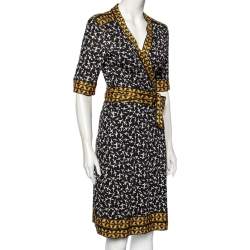 Pre Owned Diane Von Furstenberg Black Printed Silk Lucinda Wrap Dress L
