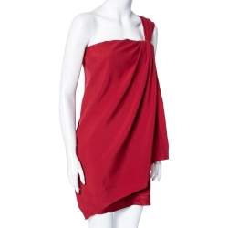 Pre Owned Diane von Furstenberg Red Silk Crepe Valetta One Shoulder Dress S