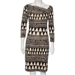 Pre Owned Diane von Furstenberg Black Patterned Silk Knit Victorio Dress S