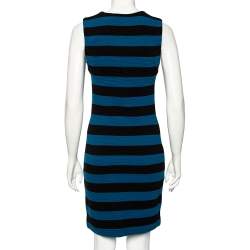 Pre Owned Diane von Furstenberg Blue-Black Striped Textured Wool Rigmora Dress M