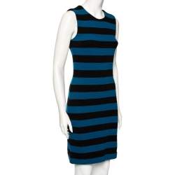 Pre Owned Diane von Furstenberg Blue-Black Striped Textured Wool Rigmora Dress M